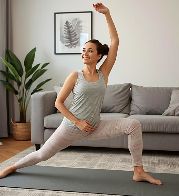 Woman doing a standing lunge stretch with arm raised in a bright home living room